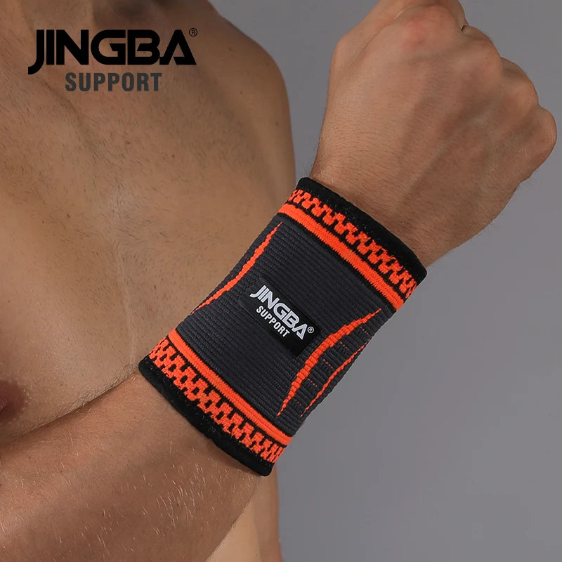 Black nylon support bracelet from Jingba Support by Corporación Turística, designed for wrist support and bandage fastening.
