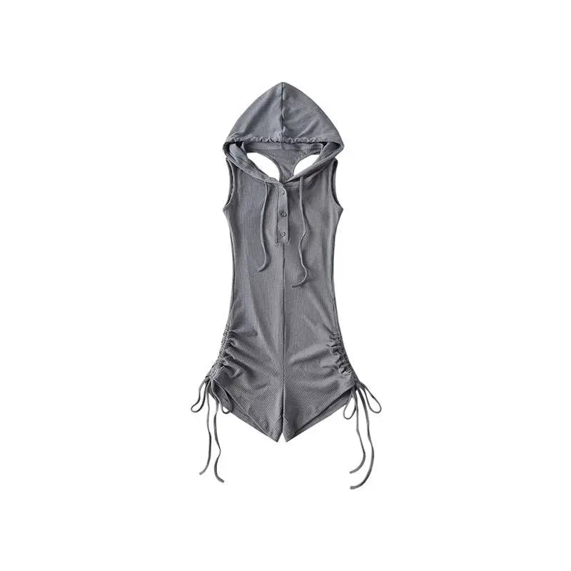 Black Y2K Hot Girl sleeveless hoodie jumpsuit with hood and drawstring, from Corporación Turística.