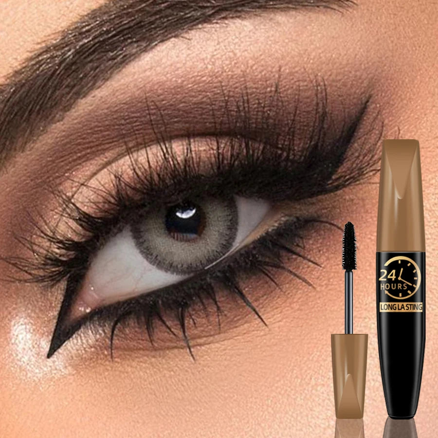 Black 5D waterproof eye mascara by Corporación Turística, showcasing long, voluminous lashes with a sleek brush applicator.