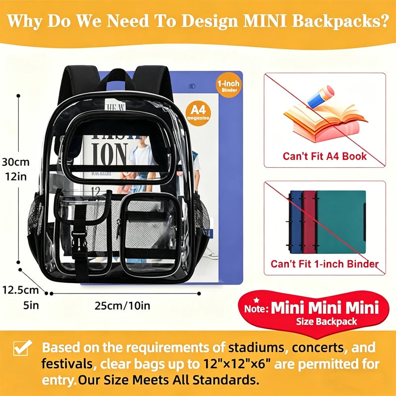 Black transparent mini mochila from Corporación Turística for swimming, gym, and beach, with adjustable straps and compact design.