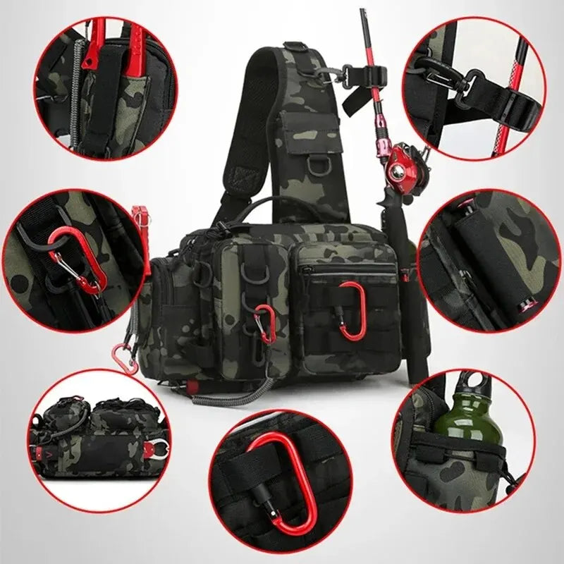 Black fishing tackle backpack with compartments for fishing gear, lure box, and accessories, designed by Corporación Turística.