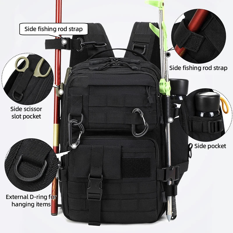 Black tactical camping backpack by Corporación Turística, large assault-style pack with multiple compartments and durable straps.