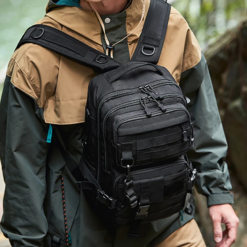 Large black tactical camping and assault backpack by Corporación Turística with multiple compartments and sturdy straps.
