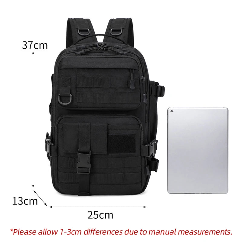 Black tactical camping backpack by Corporación Turística, large assault pack with multiple compartments and durable straps.