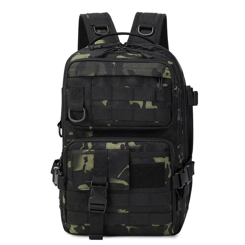 Black tactical camping backpack, large assault pack with multiple compartments, ideal for outdoor adventures and hiking.
