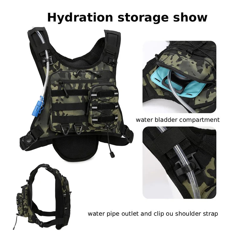 Black hydration running and cycling vest by Corporación Turística with front pockets and adjustable straps.