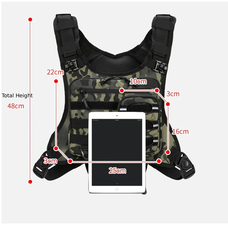 Black hydration running and cycling vest by Corporación Turística with adjustable straps and multiple storage pockets.