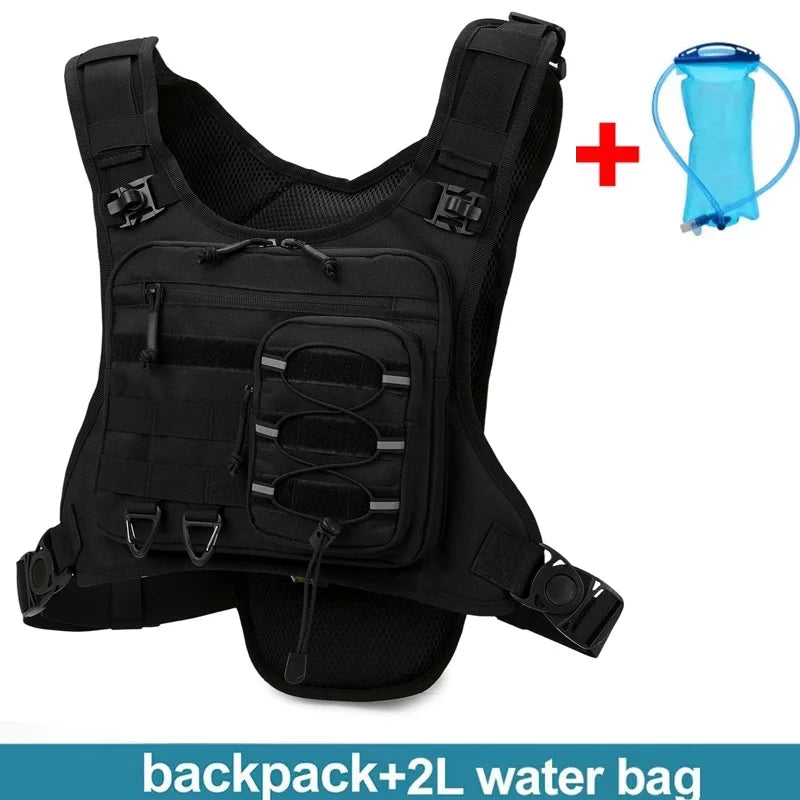 Black hydration running and cycling vest by Corporación Turística with adjustable straps and multiple bottle pockets.