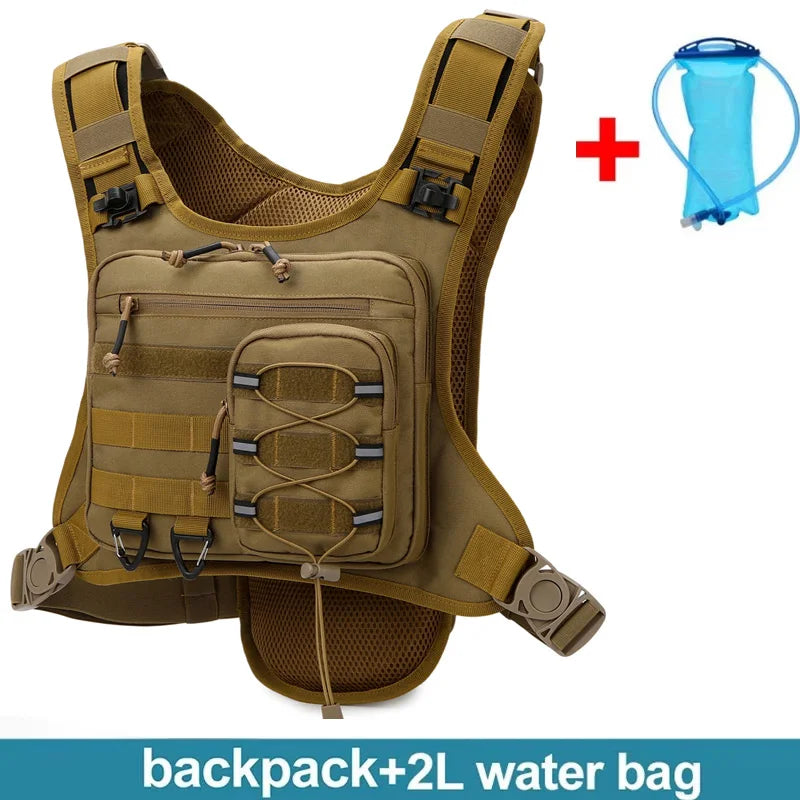 Black hydration running and cycling vest by Corporación Turística with adjustable straps and hydration pockets for outdoor activities.