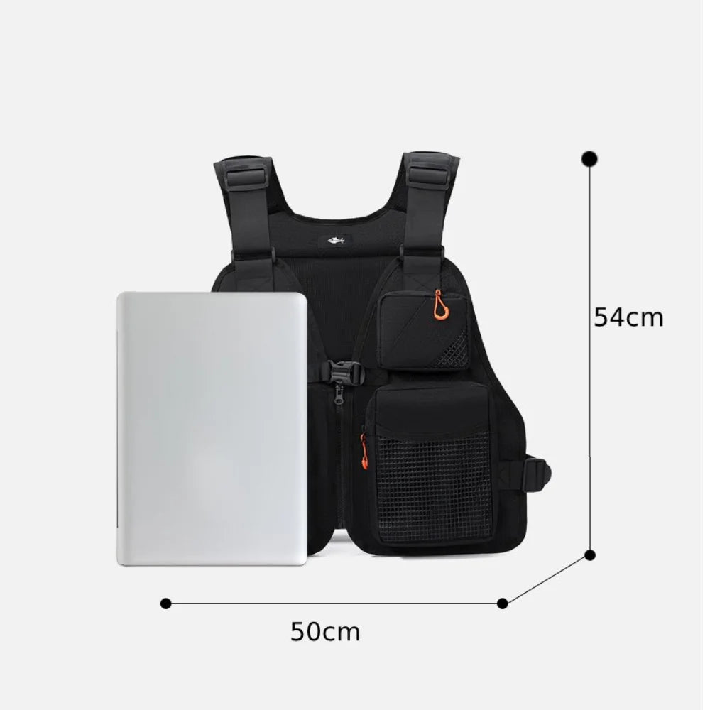 Black tactical fishing vest with multiple pockets, designed for camping and fly fishing, featuring adjustable straps and durable material.