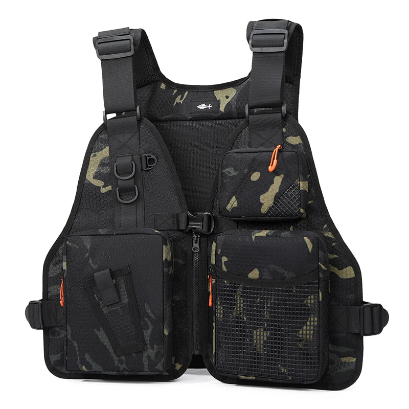 Black tactical fishing vest with multiple pockets, designed for fly fishing and camping, featuring adjustable straps and durable fabric.