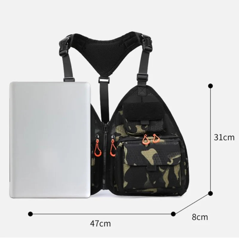 Black tactical fishing and camping vest for men and women, with multiple pockets and adjustable straps, by Corporación Turística.