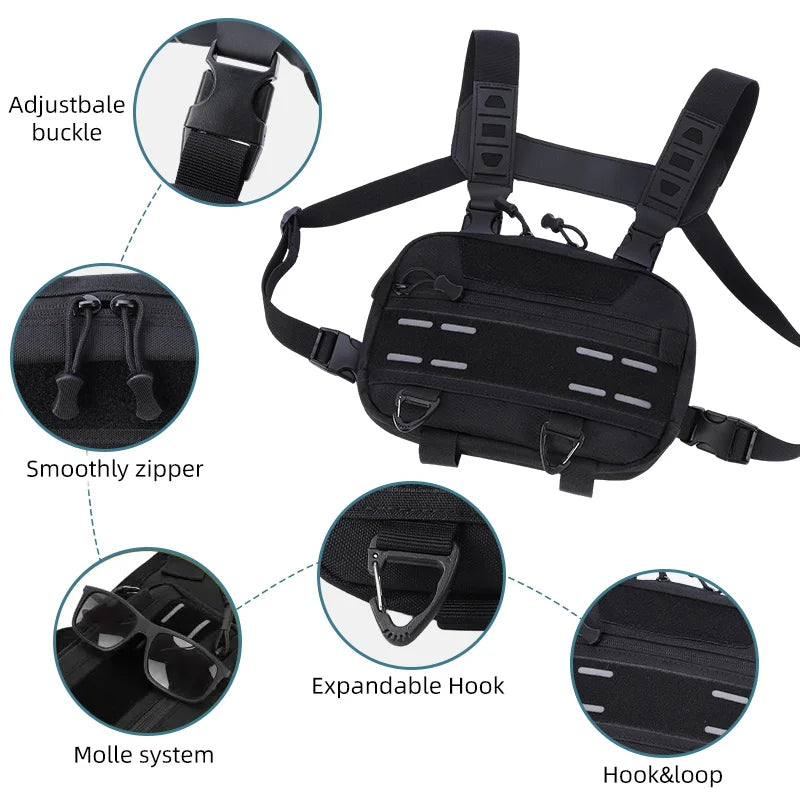 Black tactical vest with front chest pouch, backpack, and waist pouch, designed for outdoor and tactical use by Corporación Turística.
