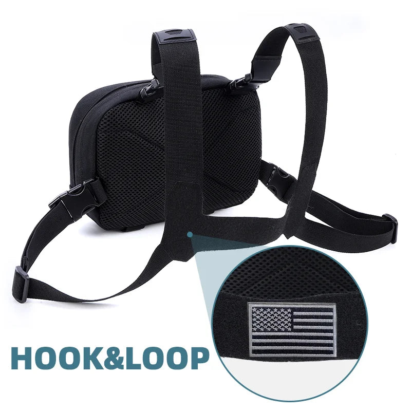 Black tactical vest with front chest bag and backpack, designed for outdoor or tactical use by Corporación Turística.