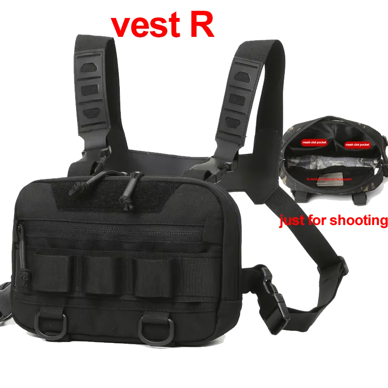 Black tactical vest with front chest pocket, adjustable straps, and attached backpack and waist pouch, designed for outdoor activities.