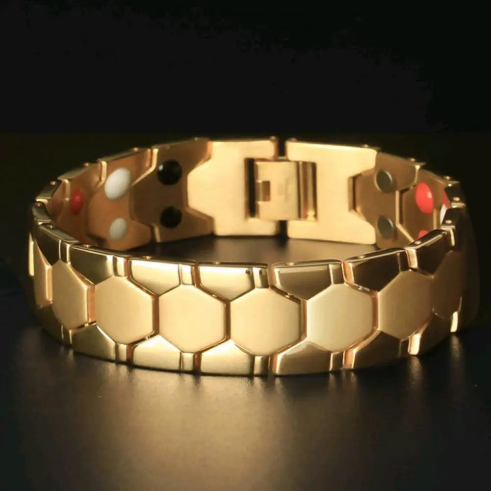 Black magnetic therapy bracelet for men, made of alloy, designed for therapeutic benefits and stylish wear.