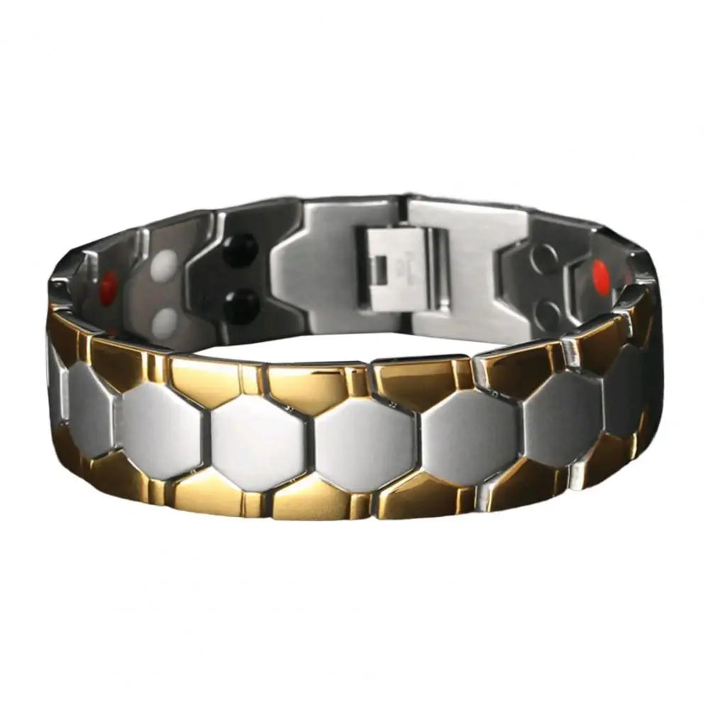 Black men's magnetic alloy therapy bracelet with adjustable design, promoting health and wellness.