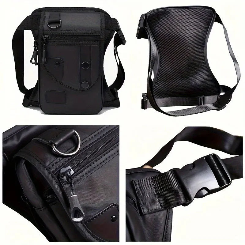 Black men's waist bag and leg pouch from Corporación Turística, adjustable utility belt with multiple compartments.