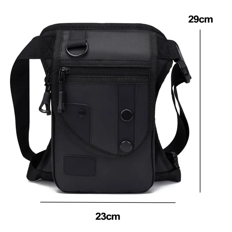 Black men's waist bag and leg pouch by Corporación Turística, adjustable utility belt with multiple compartments.