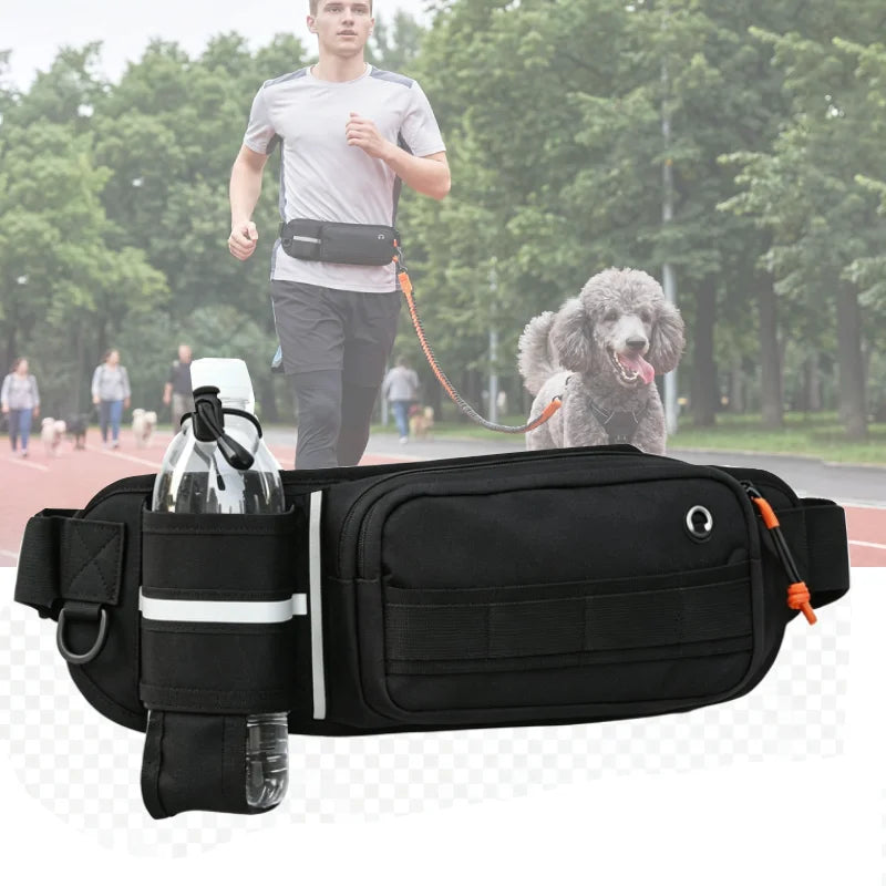 Black tactical waist bag for men, suitable for running and motorcycle riding, by Corporación Turística.