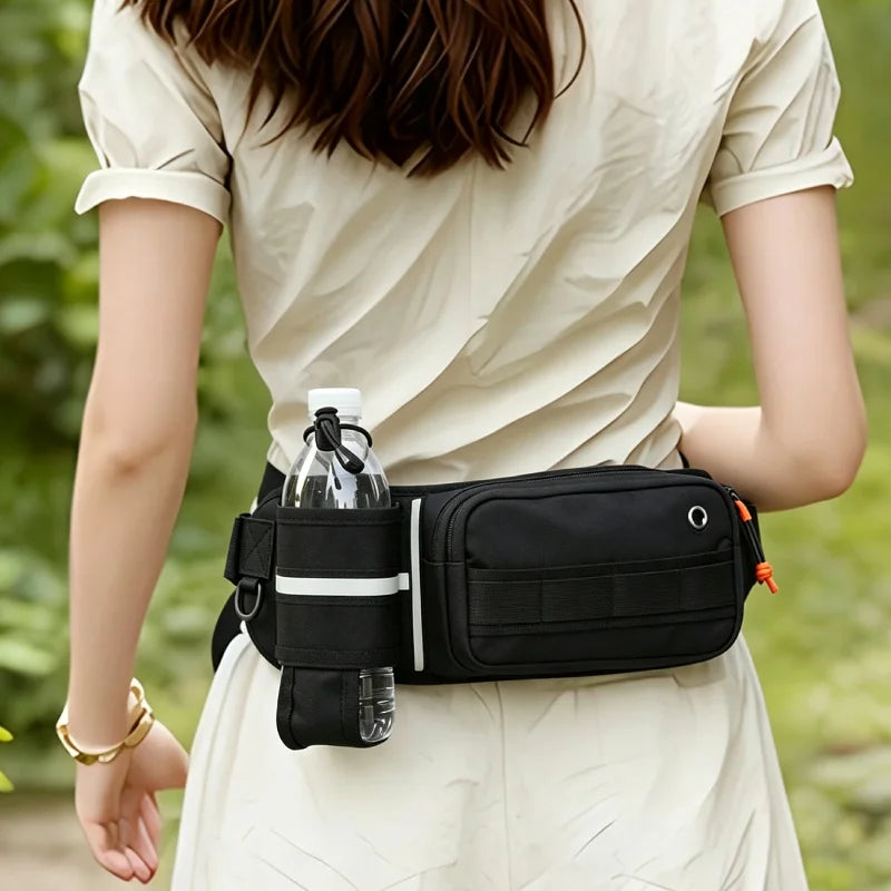 Black tactical men's waist bag for running and motorcycle rides, featuring adjustable straps and multiple storage compartments.