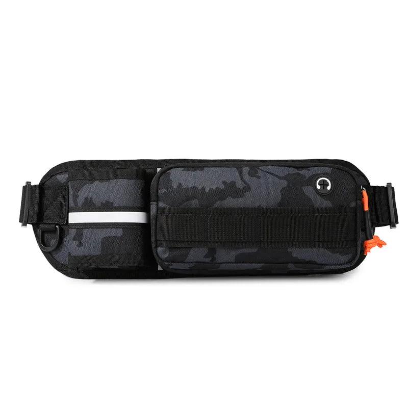 Black tactical men's running and motorcycle waist bag from Corporación Turística, featuring multiple compartments and adjustable straps.