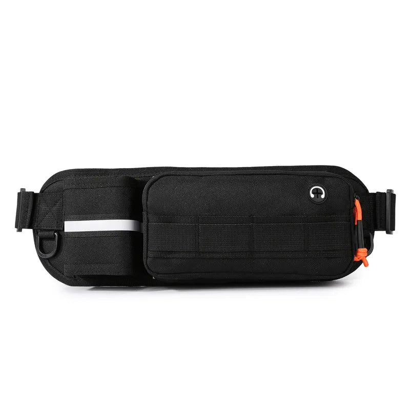 Black tactical men's waist bag from Corporación Turística, suitable for running and motorcycle riding, with multiple storage compartments.