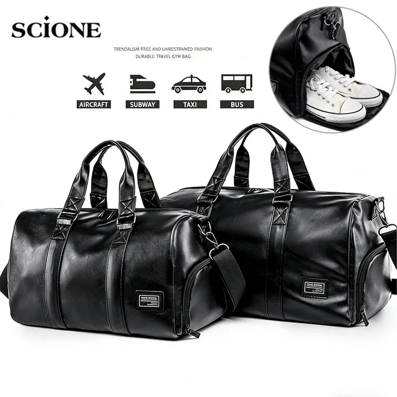 Black gym bag for men with shoulder strap, made of PU material, casual sports bag for workout and gym activities.