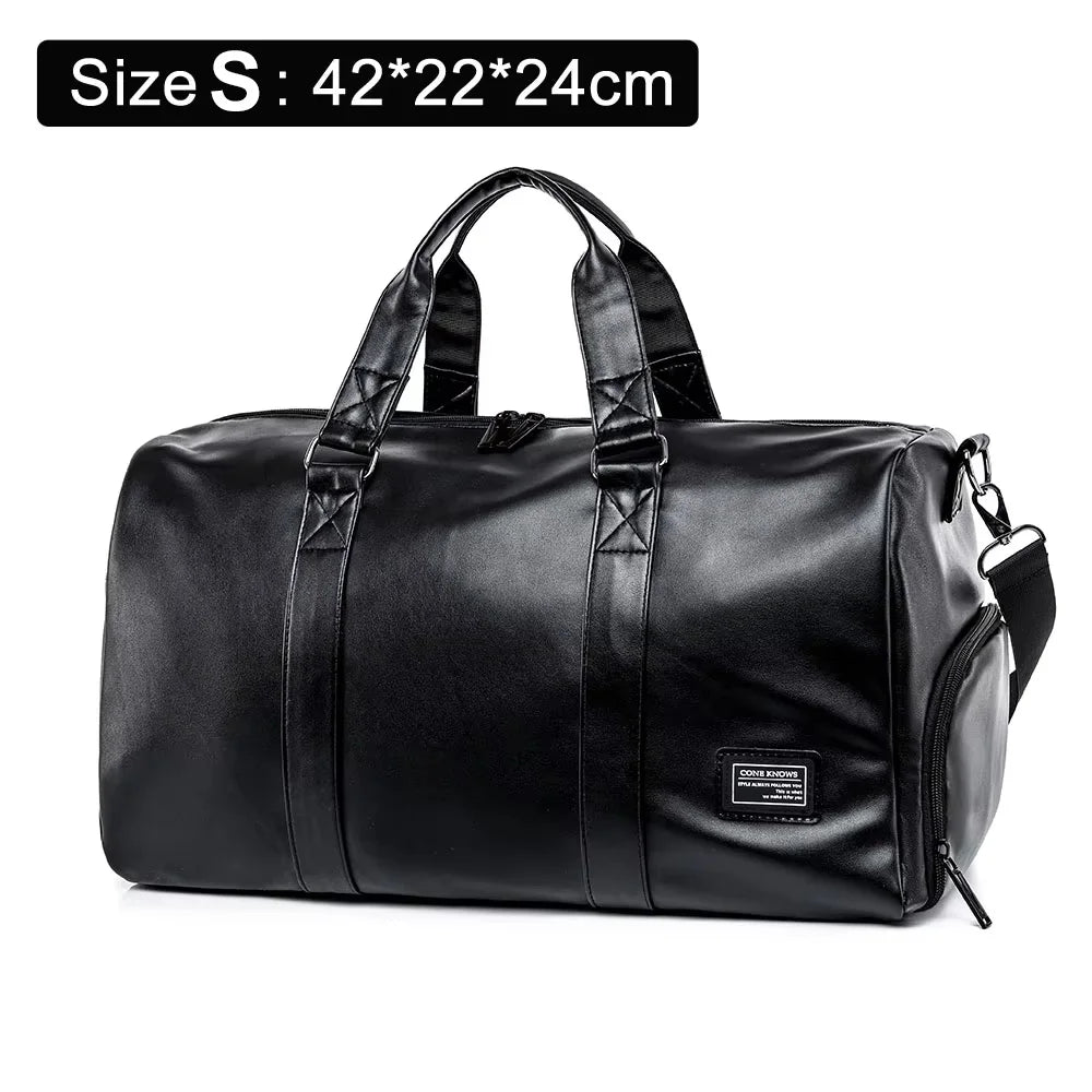 Black PU gym bag for men by Corporación Turística, shoulder crossbody style with multiple compartments and adjustable strap.