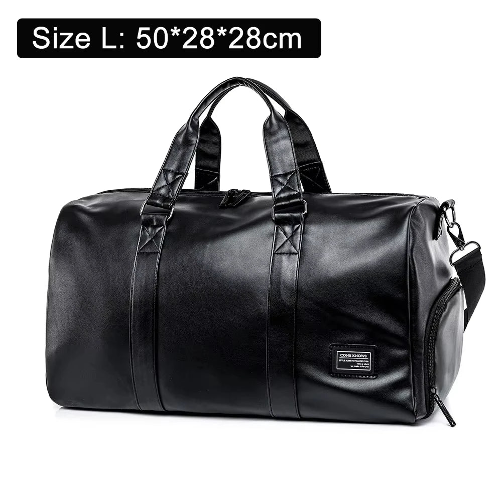 Black men's gym bag made of PU with shoulder strap, crossbody style, featuring multiple compartments and a sleek design.