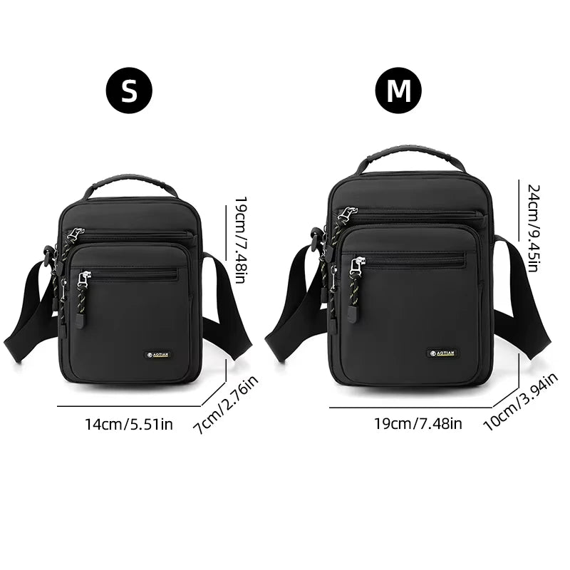 Black men's shoulder bag by Corporación Turística, ideal for camping and hiking, with adjustable strap and durable fabric.