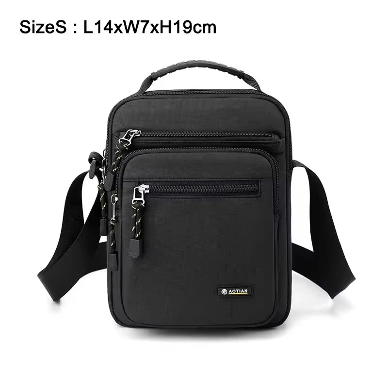 Black men's shoulder bag from Corporación Turística, ideal for camping and hiking, with multiple compartments and durable material.