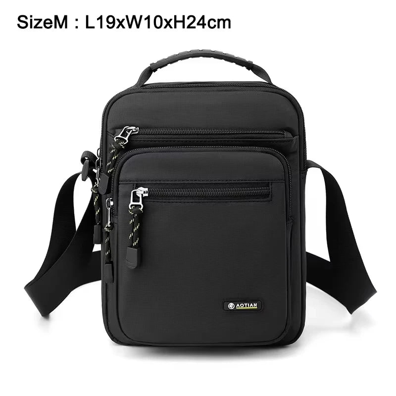 Black men's shoulder bag for camping and hiking by Corporación Turística, showing the compact, durable design with adjustable strap.