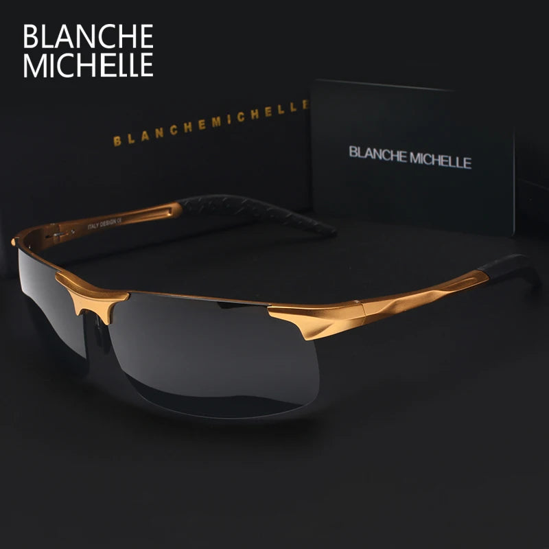 Black and silver UV400 rectangular driving sunglasses by Corporación Turística, outdoors view with clear lenses