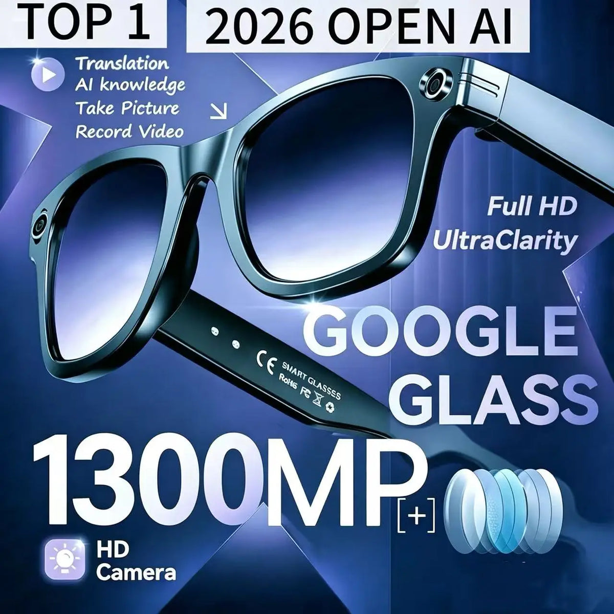 Black Meta AI TOP 1 smart glasses with 13MP camera, featuring sleek design and advanced photo and video capabilities.