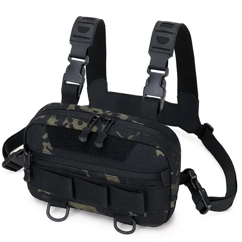 Black tactical chest vest bag by Corporación Turística, featuring a backpack with straps for secure attachment and storage.