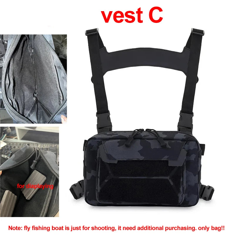 Black tactical chest rig and backpack by Corporación Turística, featuring multiple compartments and adjustable straps.