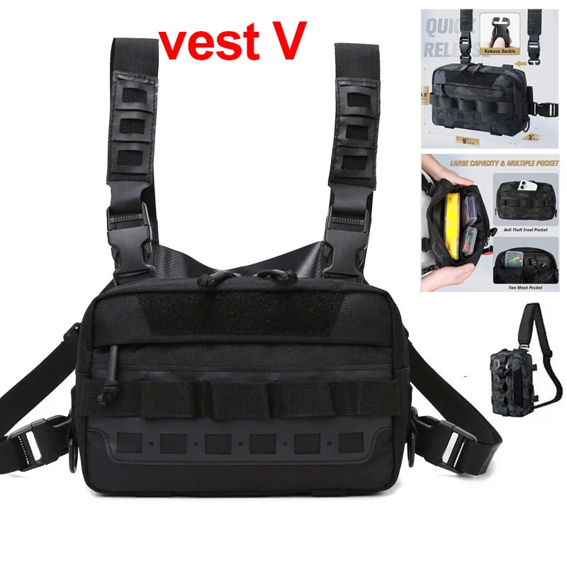 Black tactical chest vest bag by Corporación Turística with multiple compartments and adjustable straps for outdoor use.