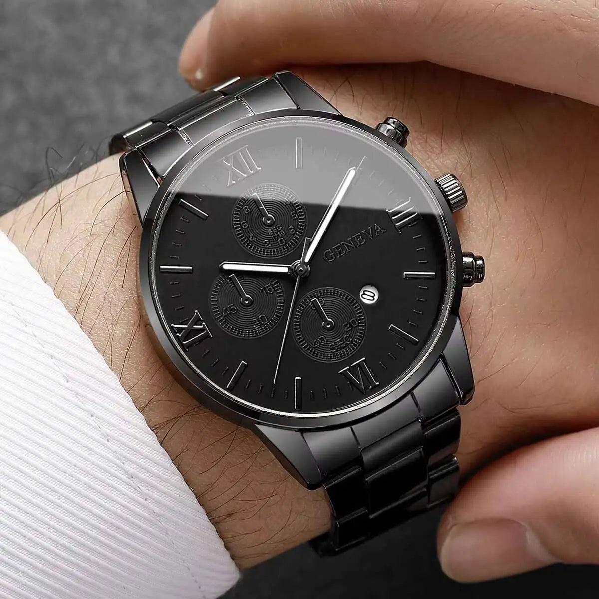 Black and white men's business watch with Roman numeral dial by Corporación Turística, featuring a sleek, modern design.