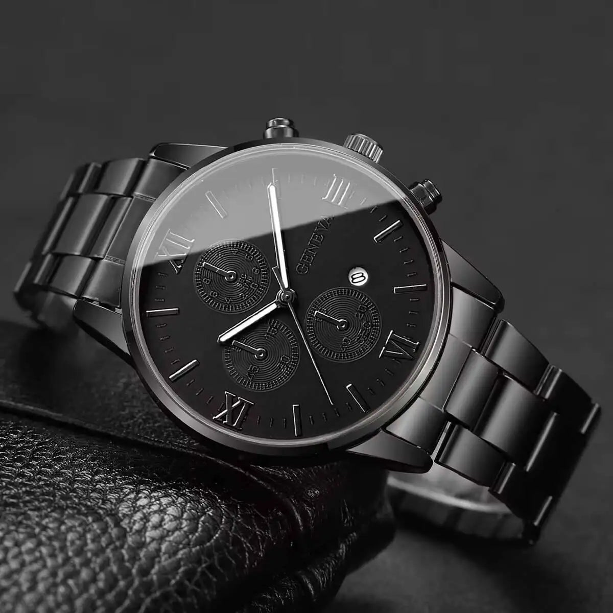 Elegant black and white men's business watch with Roman numeral dial, featuring a sleek design from Corporación Turística.