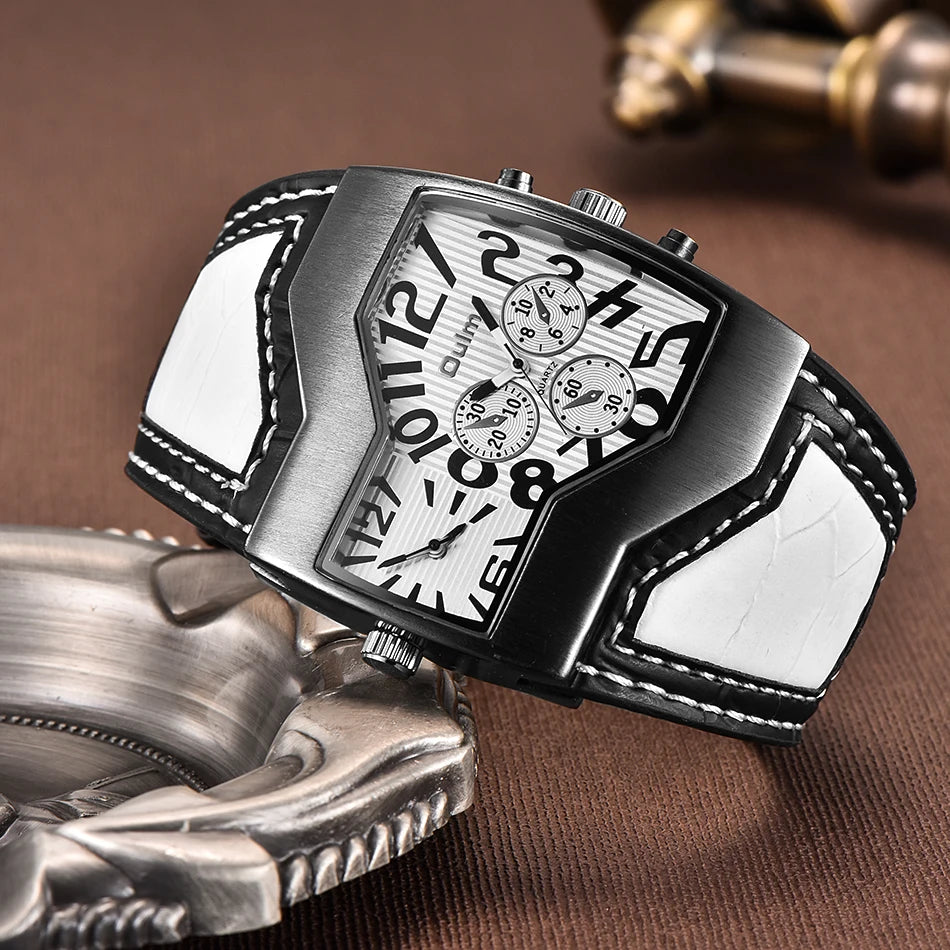 Large black and white Oulm 1220 quartz watch with dual time zones, featuring a bold design and multiple dials.