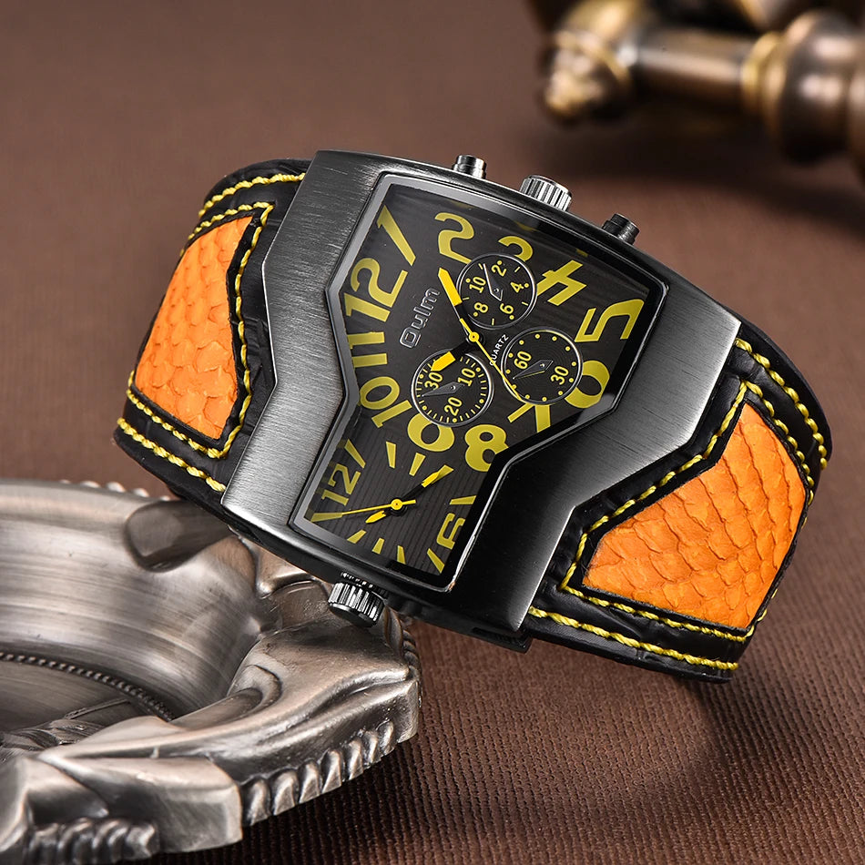 Large black and white Oulm 1220 quartz watch by Corporación Turística with dual time zones and oversized dial.