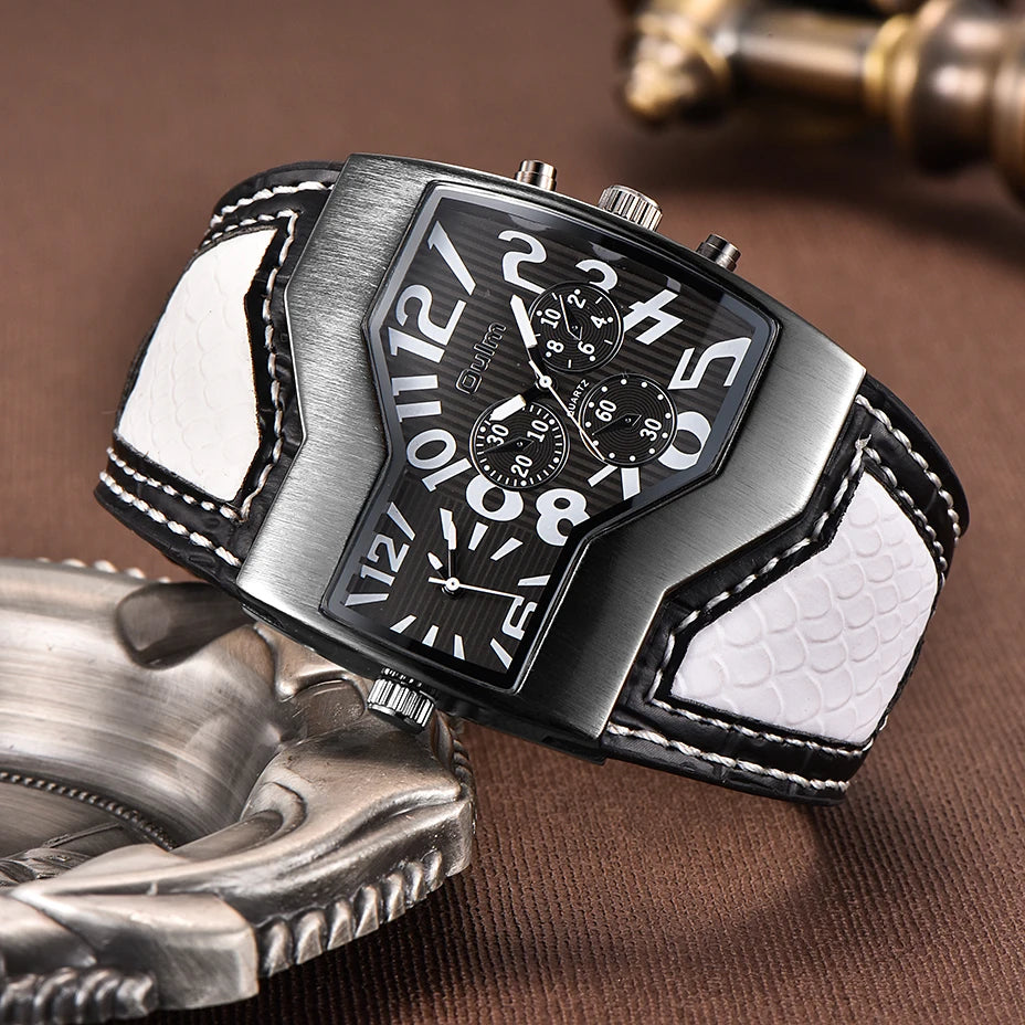 Large black and white Oulm 1220 quartz watch with dual time zones, featuring a bold, oversized design.