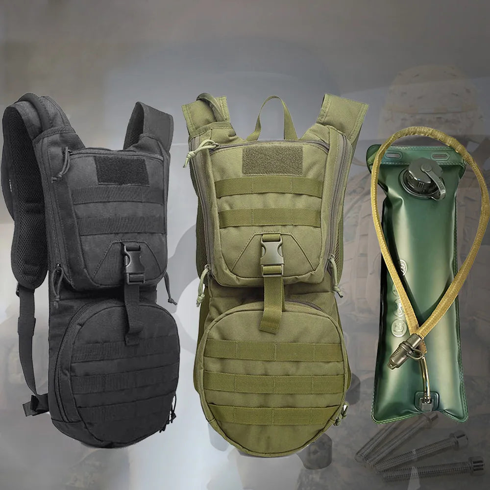 Black 2-in-1 hydration backpack by Corporación Turística with a 3L water bladder, adjustable straps, and multiple storage compartments.
