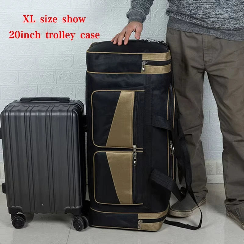 Large black travel luggage bag from Corporación Turística, ideal for camping, gym, or travel use, with sturdy handles and spacious design.