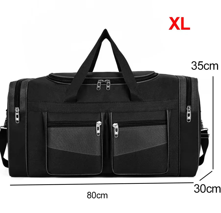 Large black travel duffel bag by Corporación Turística, ideal for camping, gym, and travel with spacious design.