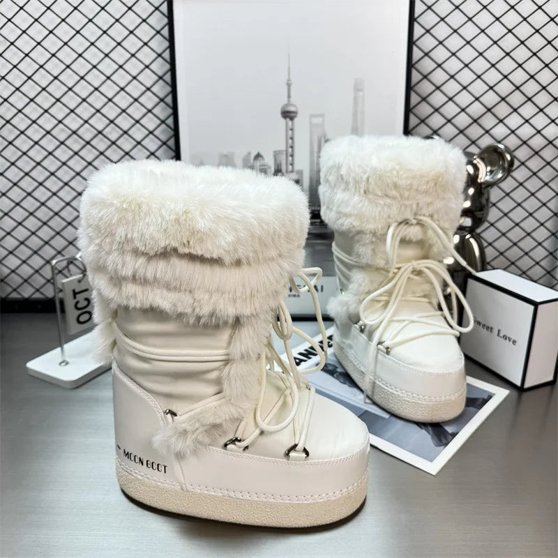 Fashionable women's snow boots by Corporación Turística, tall, warm, white winter boots with stylish design.