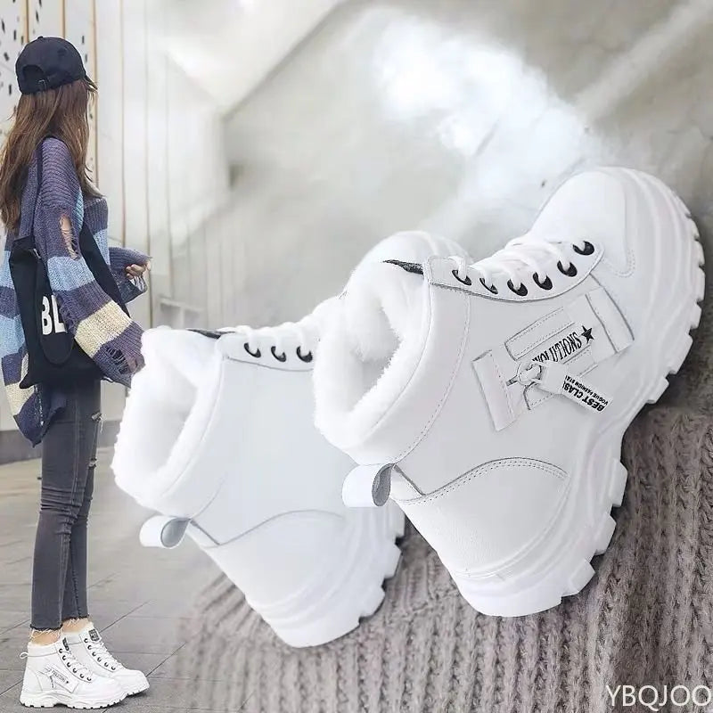 Winter women's shoes by Corporación Turística, white lace-up sneakers with a cozy design and durable sole for cold weather.
