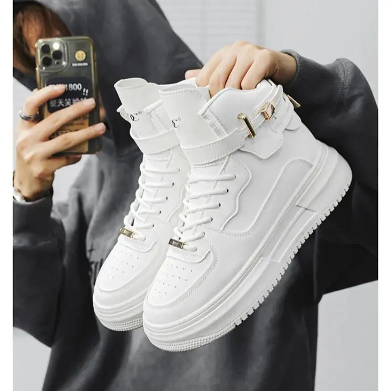 Luxury white high-top sneakers for men by Corporación Turística, lightweight and stylish for fall fashion.