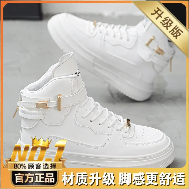 Lightweight luxury men's high-top sneakers in white with stylish design, perfect for fall fashion.
